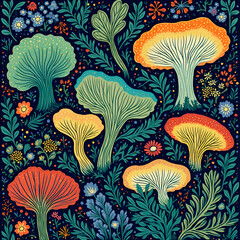 Cool and colorful mushroom art full of funky shapes, cute flowers, and jungle vibes. Like a magical forest party!