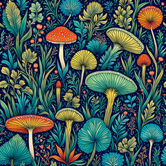 Cool and colorful mushroom art full of funky shapes, cute flowers, and jungle vibes. Like a magical forest party!