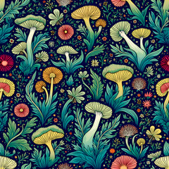 Cool and colorful mushroom art full of funky shapes, cute flowers, and jungle vibes. Like a magical forest party!