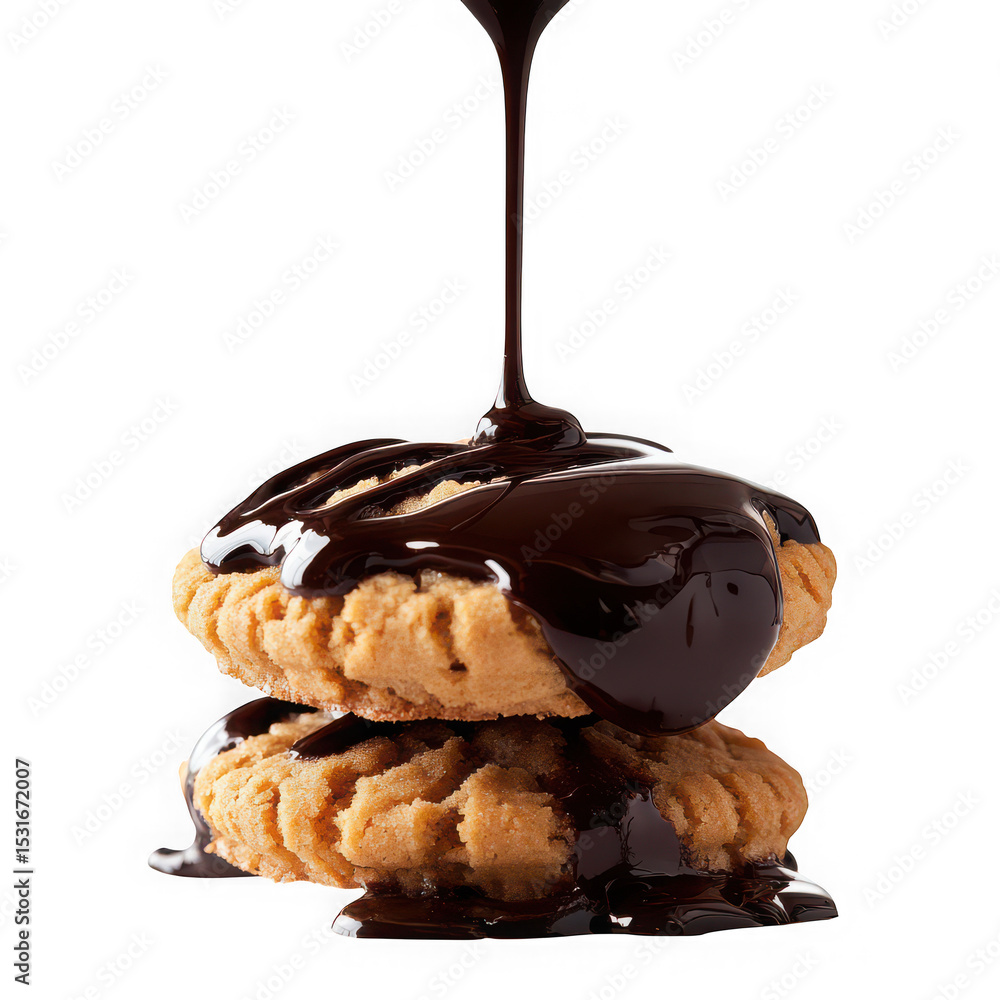 Poster two peanut butter cookies with chocolate drizzle isolated on transparent background