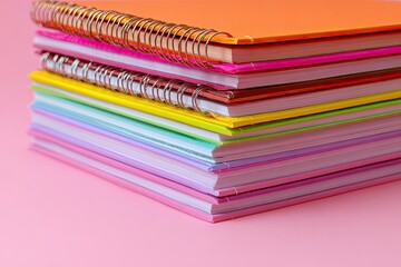 Stack of colorful spiral notebooks on a pink background