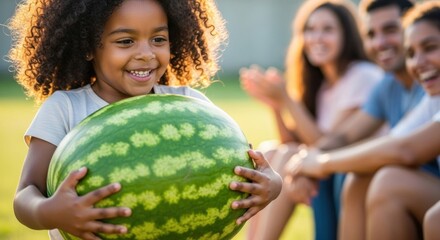 Joyful outdoor celebration for national picnic month with family eating watermelon