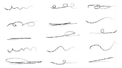 Pencil brush crayon marker chalk texture line stroke element set. Handwritten marker paint chalk paper cross. Scribble crayon pencil stroke doodle underline shape. Vector illustration