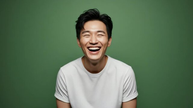 Portrait of a handsome young Asian man laughing heartily with genuine joy, looking at the camera, isolated on a green background.

