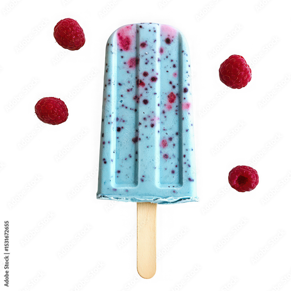 Poster blue raspberry popsicle with raspberries isolated on transparent background