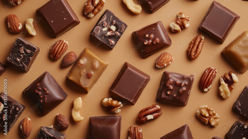 Poster Assorted chocolate squares and nuts arranged on a beige background.
