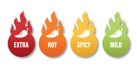 Vector Spicy Level Icons with Chili Pepper in Flame Shapes. Extra Hot, Hot, Spicy and Mild Labels for Food Packaging, Menu Tags, Sauce Labels or Restaurant Spiciness Indicator, Vector Set