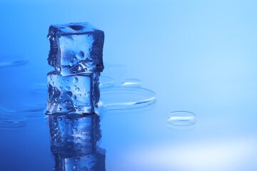 Cubes of clear ice on light blue background, space for text
