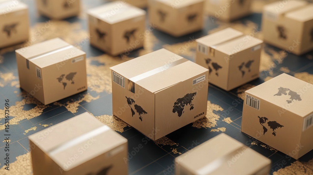 Aufkleber Numerous cardboard boxes with world map graphics arranged on a world map background, representing global shipping and logistics.