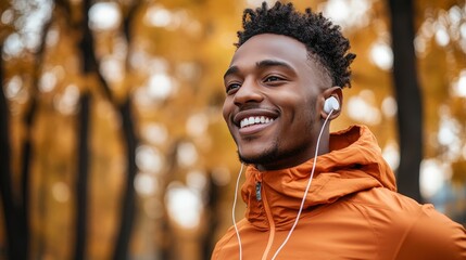 Smiling Man Jogging with Earphones in Autumn Park