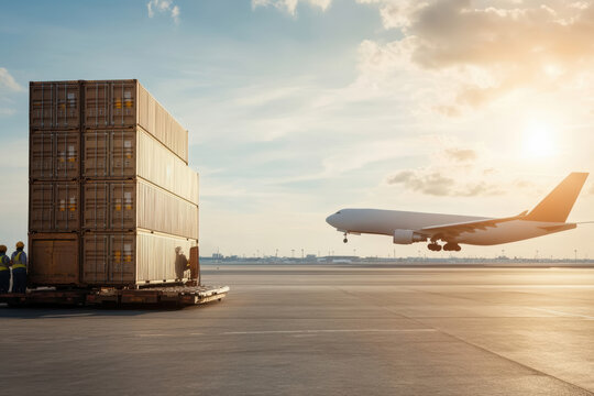 Cargo plane taking off at international airport with ground crew efficiently loading containers under sunny sky