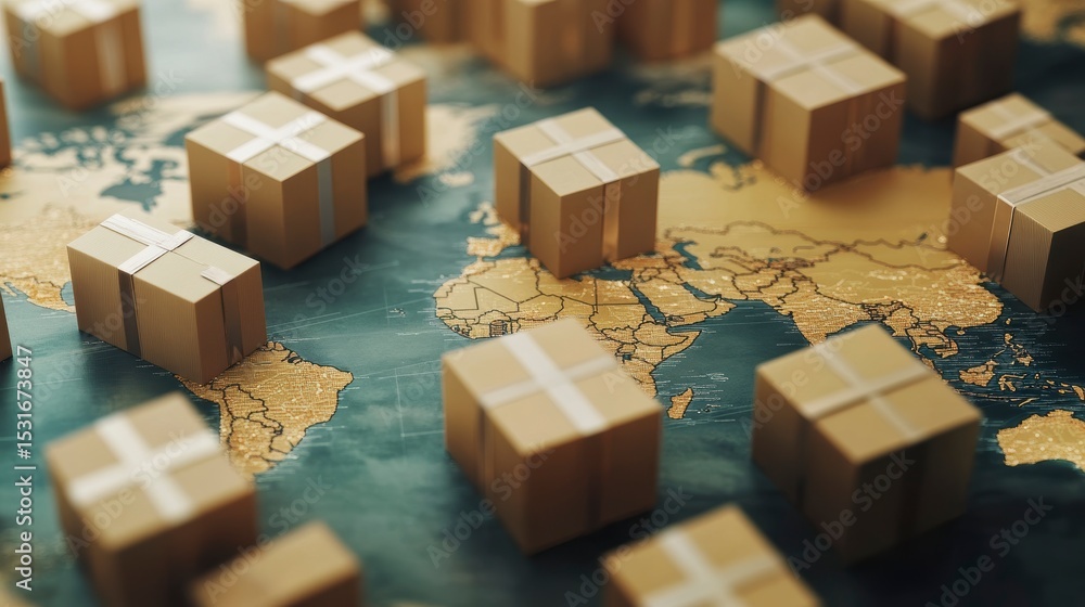 Poster global shipping concept numerous cardboard boxes scattered across a world map.