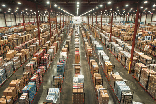 Aerial view of an organized warehouse with aisles and packages, showcasing efficient logistics management and order fulfillment processes