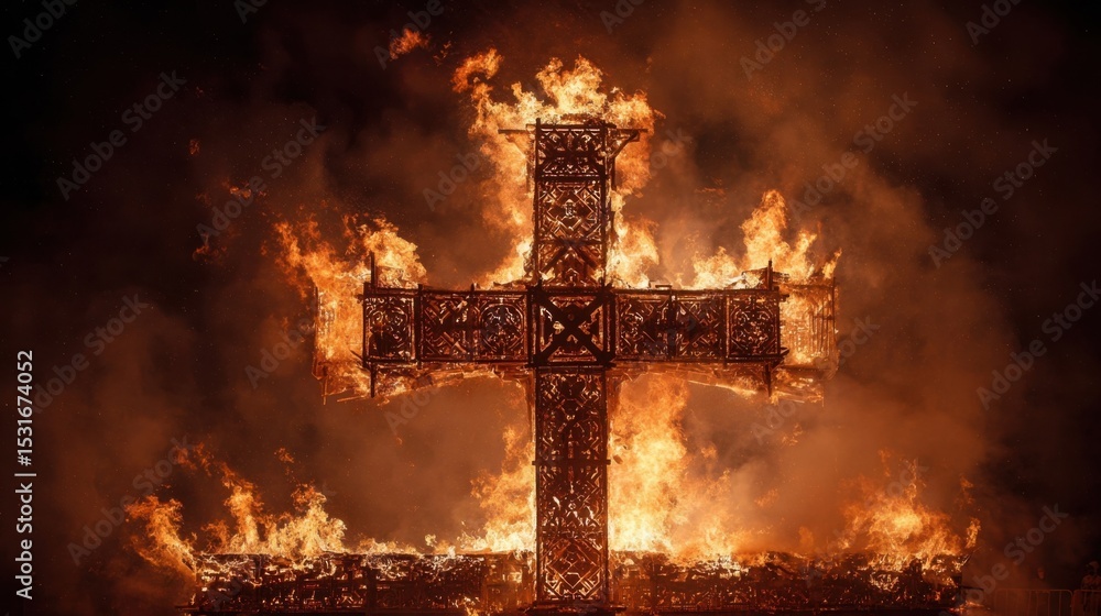 Poster the entire cross is engulfed in flames, its intricate patterns and details highlighted by the vibran