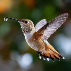 A hummingbird is flying with a droplet of water on its beak