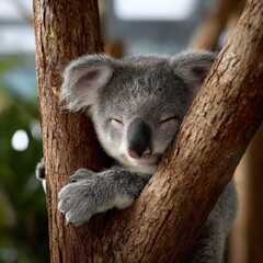 Obraz premium A baby koala is sleeping on a tree branch
