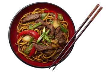 A bowl of beef and vegetable noodles with chopsticks