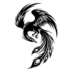 Phoenix Rising: Stylized Black Silhouette Against White