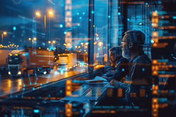 Team in control room planning delivery routes in modern office with urban night cityscape and digital overlays