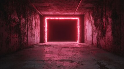 Abstract concrete tunnel with glowing square portal and volumetric lights