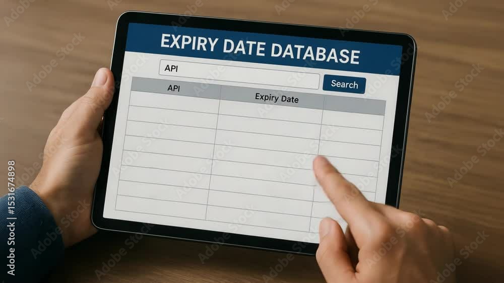 Poster expiry date database on tablet screen with hand pointing at pharmaceutical active ingredient api lis
