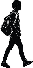Silhouette of Boy Walking with Backpack, Vector Black and White Illustration
