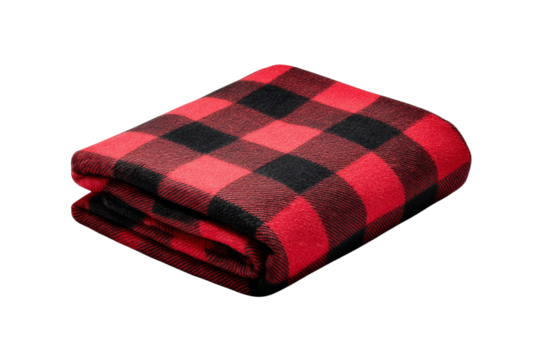 A red and black plaid blanket is laying on a white background