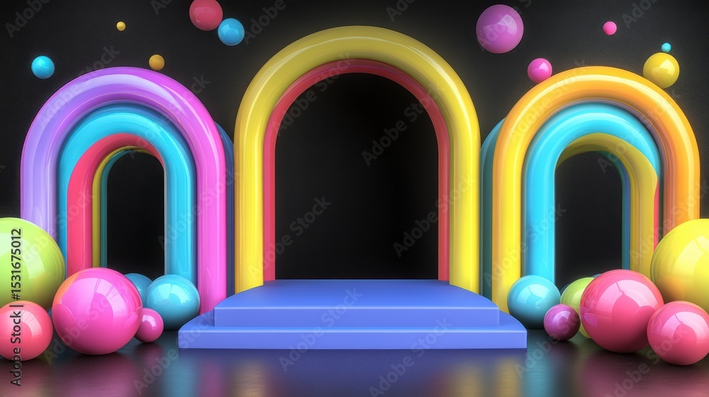 Poster colorful rainbow arches and spheres form a vibrant backdrop for product display on a platform.