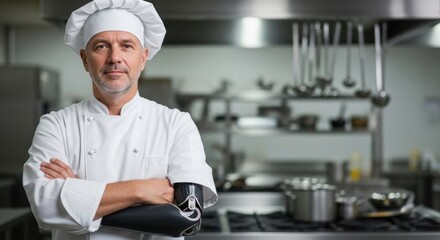 Chef with prosthetic arm in professional kitchen for disability pride month awareness