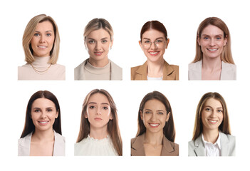 Photos of different women for passport or other identification document on white background, set