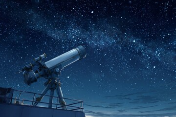 Telescope under starry night sky on observatory rooftop
