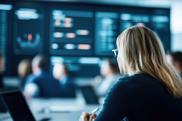 Team of managers collaborating in high-tech control room with large screens displaying real-time data in a clean work environment