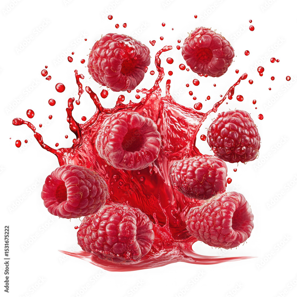 Poster raspberries splashing in juice isolated on transparent background