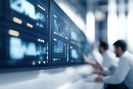 Modern control room with large screens displaying real-time data for diverse management team collaboration in a clean and organized workspace