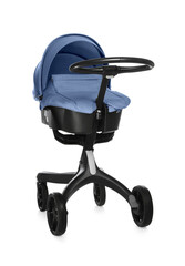 Baby carriage. Modern pram with pale blue canopy isolated on white
