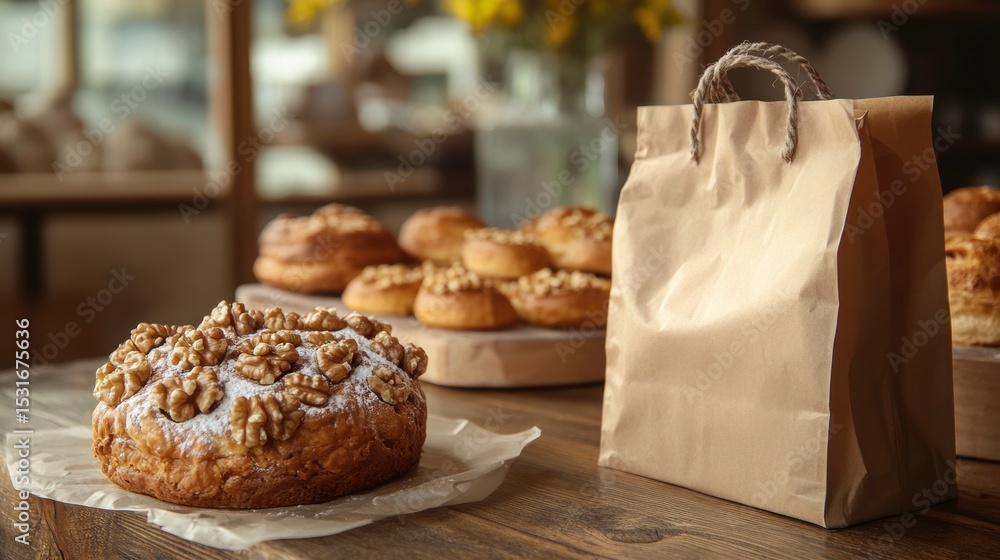 Poster walnut bread and pastries in a bakery with a paper bag for takeaway.