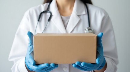 Doctor holding a package with gloves and stethoscope in a white background