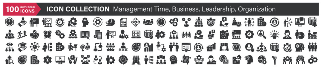 Big icons collection. Containing Management time, Business, Leadership, Organization. Glyph solid style series icon