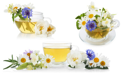 Herbal tea in glass cups and fresh herbs isolated on white, collage