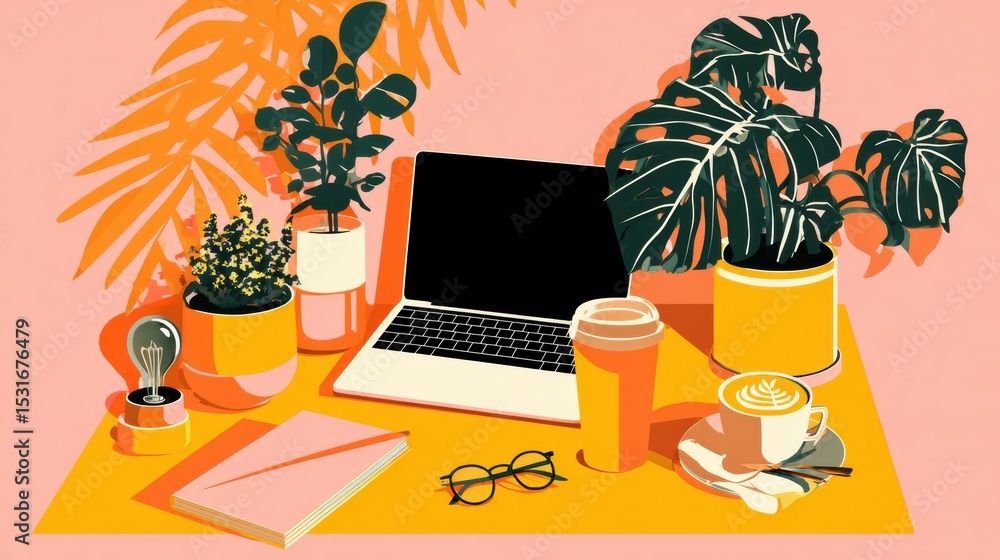 Poster essentials for a productive work from home setup featuring plants and stylish decor
