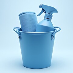 Blue cleaning supplies in bucket ready for use in a home or business setting