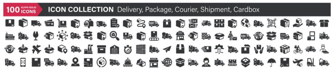 Big icons collection. Containing Delivery, Package, Courier, Shipment, Cardbox. Glyph solid style series icon