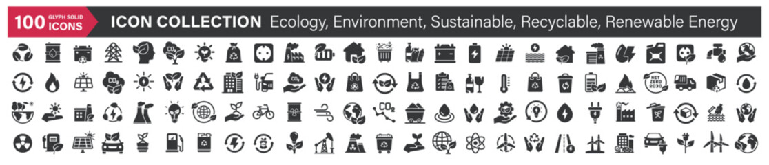 Big icons collection. Containing Ecology, Environment, Sustainable, Recyclable, Renewable Energy. Glyph solid style series icon