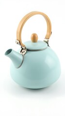 A light blue kettle with a wooden handle isolated on a white background