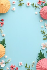 Floral arrangement with pastel umbrellas and flowers on light blue background