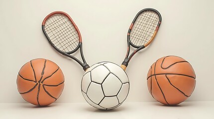 Sports equipment featuring tennis rackets and basketball and soccer balls