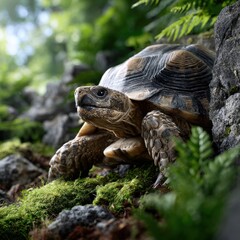 Fototapeta premium A small brown and black turtle is walking through a forest