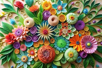 A vibrant profusion of meticulously crafted paper flowers, showcasing a kaleidoscope of colors and intricate swirling designs, arranged in a lush, blossoming bouquet.