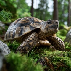 Obraz premium A small brown and black turtle is standing on a mossy rock