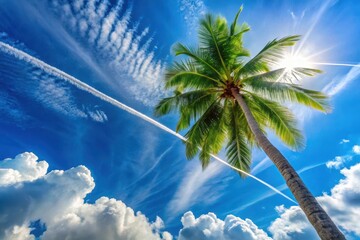 Serene Tropical Palm Tree Silhouetted Against a Vivid Azure Sky, Adorned with Wispy Clouds and Contrasting Vapor Trails